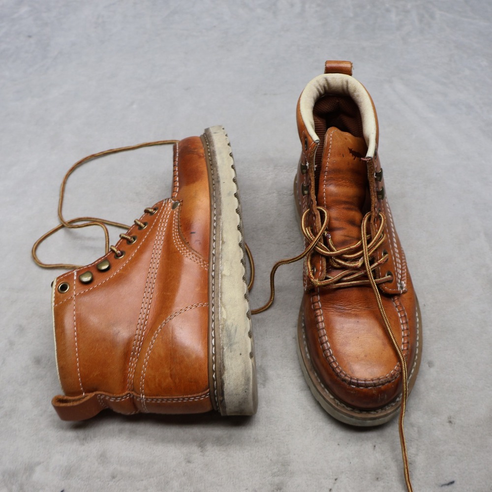 Golden Fox Mens 7 Work Boots Brown Leather Moc Steel Toe Lace-Up Rugged 6"